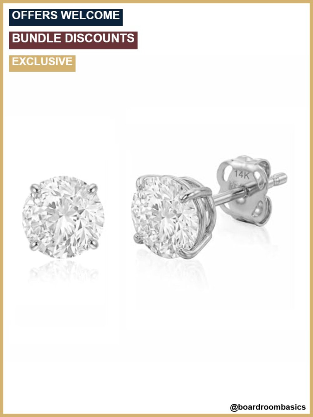 14K Solid White Gold Stud Earrings Cubic Zirconia 6.5mm Unisex Gift